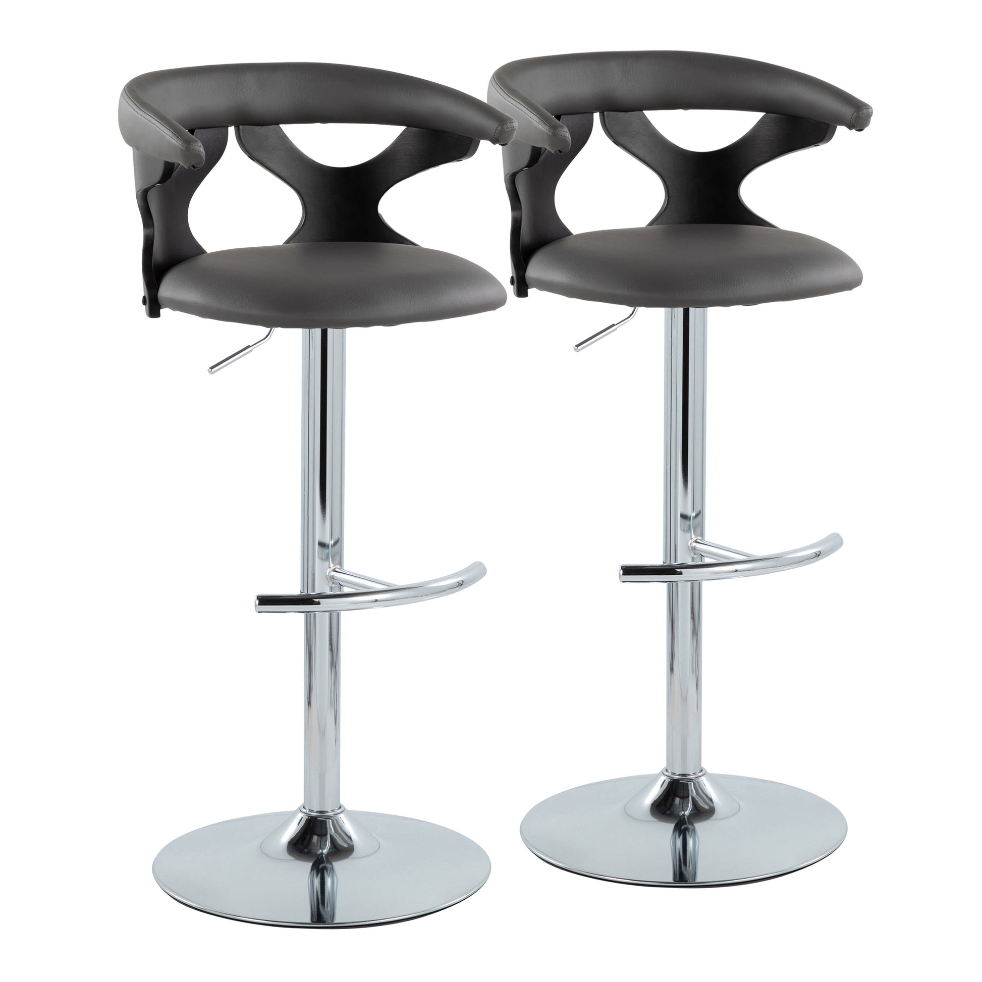 Contemporary Adjustable Barstool with Swivel in Black Wood, Chrome Metal and Grey Faux Leather with Rounded T Footrest  - Set of 2