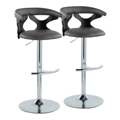 Contemporary Adjustable Barstool with Swivel in Black Wood, Chrome Metal and Grey Faux Leather with Rounded T Footrest  - Set of 2