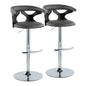 Contemporary Adjustable Barstool with Swivel in Black Wood, Chrome Metal and Grey Faux Leather with Rounded T Footrest  - Set of 2