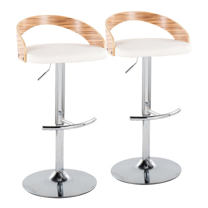 Contemporary Adjustable Barstool with Swivel in Chrome Metal, Zebra Wood and White Faux Leather with Rounded T Footrest  - Set of 2