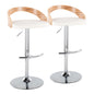 Contemporary Adjustable Barstool with Swivel in Chrome Metal, Zebra Wood and White Faux Leather with Rounded T Footrest  - Set of 2