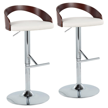 Mid-Century Modern Adjustable Height Barstool with Swivel in Chrome Metal, Cherry Wood and White Faux Leather with Straight T Footrest  - Set of 2