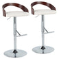 Mid-Century Modern Adjustable Height Barstool with Swivel in Chrome Metal, Cherry Wood and White Faux Leather with Straight T Footrest  - Set of 2