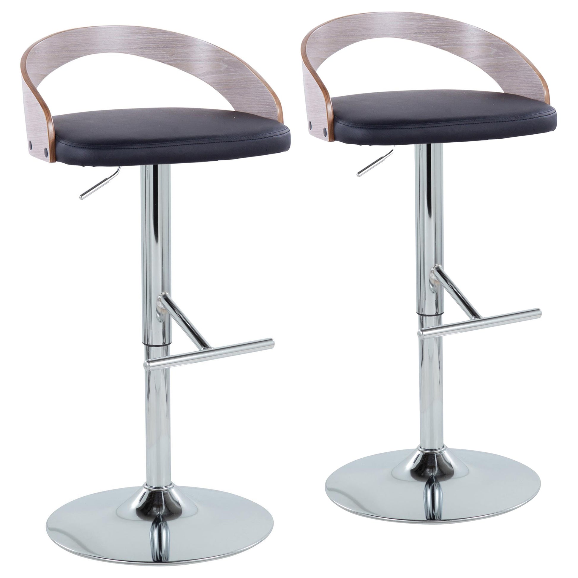 Contemporary Adjustable Height Barstool with Swivel in Chrome Metal, Light Grey Wood and Black Faux Leather with Straight T Footrest  - Set of 2