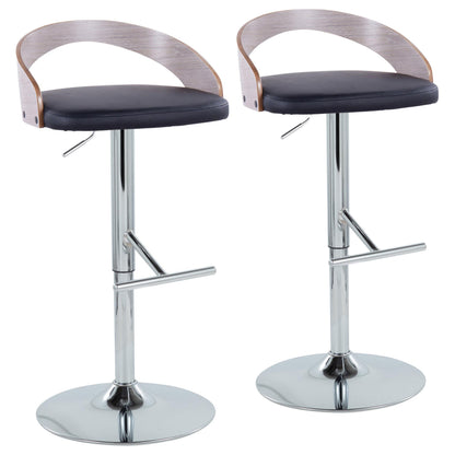Contemporary Adjustable Height Barstool with Swivel in Chrome Metal, Light Grey Wood and Black Faux Leather with Straight T Footrest  - Set of 2