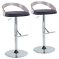 Contemporary Adjustable Height Barstool with Swivel in Chrome Metal, Light Grey Wood and Black Faux Leather with Straight T Footrest  - Set of 2
