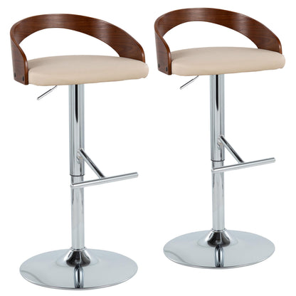 Mid-Century Modern Adjustable Height Barstool with Swivel in Chrome Metal, Walnut Wood and Cream Faux Leather with Straight T Footrest  - Set of 2
