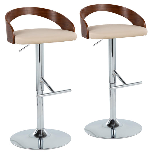 Mid-Century Modern Adjustable Height Barstool with Swivel in Chrome Metal, Walnut Wood and Cream Faux Leather with Straight T Footrest  - Set of 2