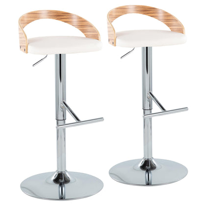 Mid-Century Modern Adjustable Height Barstool with Swivel in Chrome Metal, Zebra Wood and White Faux Leather with Straight T Footrest  - Set of 2