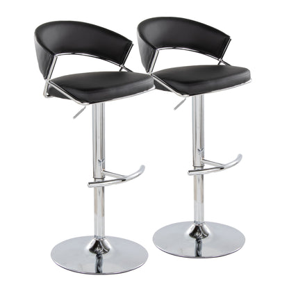 Jie Contemporary Adjustable Barstool with Swivel in Chrome Metal and Black Faux Leather with Rounded T Footrest by  - Set of 2