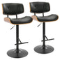 Mid-Century Modern Adjustable Barstool with Swivel in Black Metal, Walnut Wood and Black Faux Leather  - Set of 2