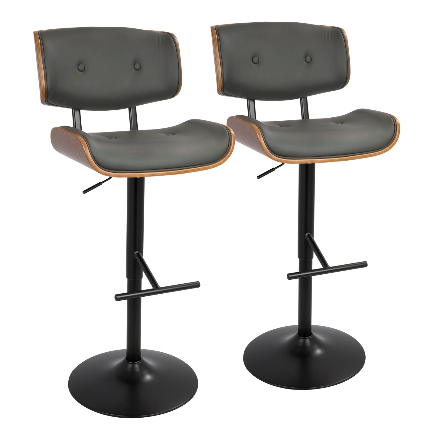 Mid-Century Modern Adjustable Barstool with Swivel in Walnut with Grey Faux Leather  - Set of 2