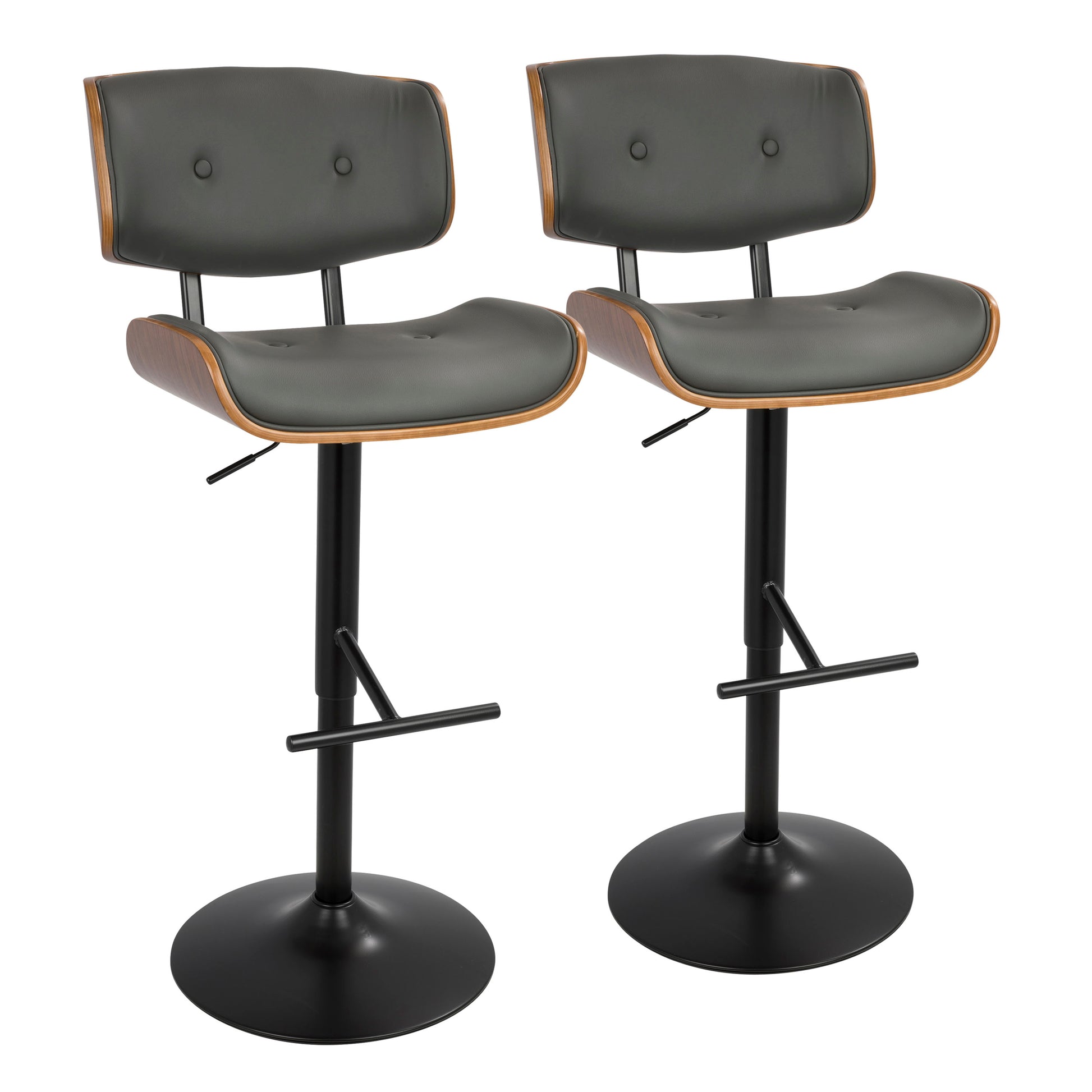 Mid-Century Modern Adjustable Barstool with Swivel in Walnut with Grey Faux Leather  - Set of 2