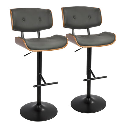Mid-Century Modern Adjustable Barstool with Swivel in Walnut with Grey Faux Leather  - Set of 2