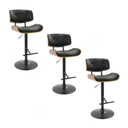 Mid-Century Modern Adjustable Barstool with Swiviel in Black Metal, Walnut Wood and Black Faux Leather with Straight T Footrest  - Set of 3