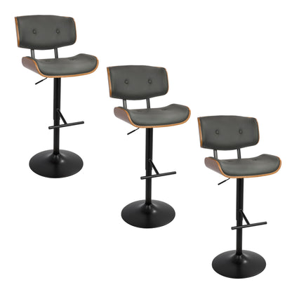 Mid-Century Modern Adjustable Barstool with Swivel in Black Metal, Walnut Wood and Grey Faux Leather with Straight T Footrest  - Set of 3