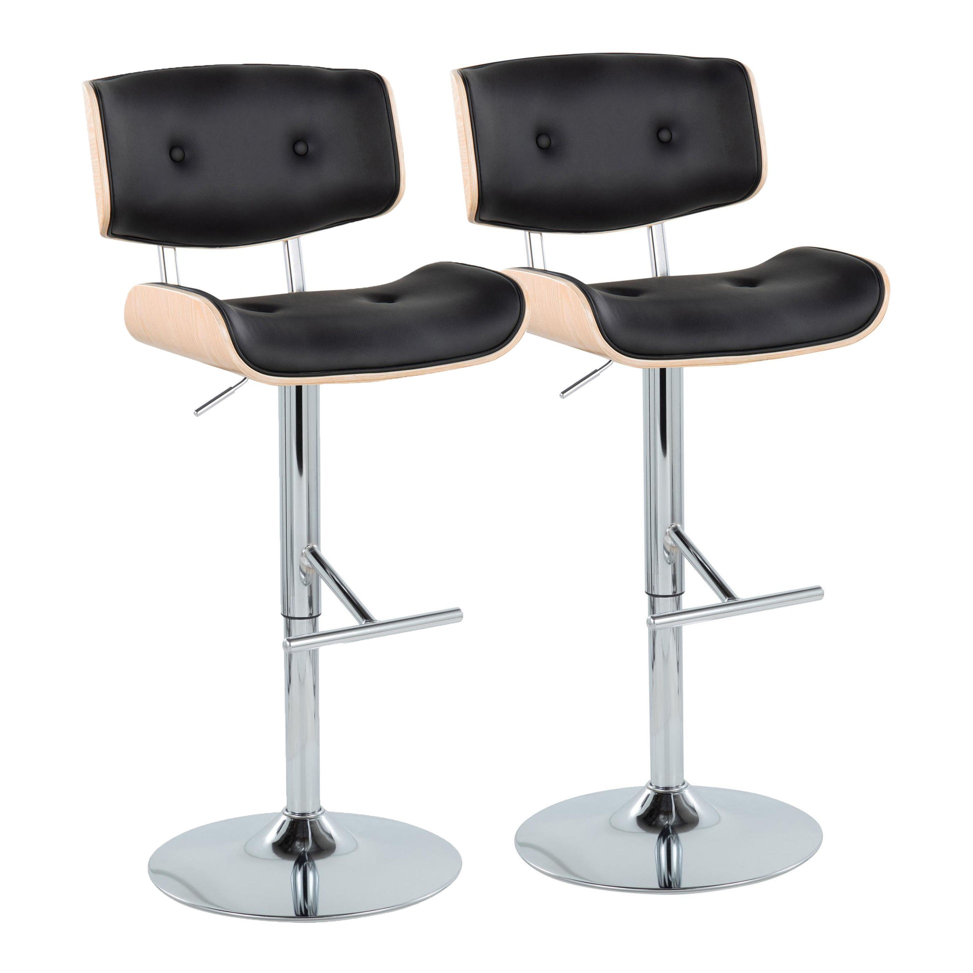 Contemporary Adjustable Barstool with Swivel in Chrome Metal, Natural Wood and Black Faux Leather with Straight T Footrest   - Set of 2