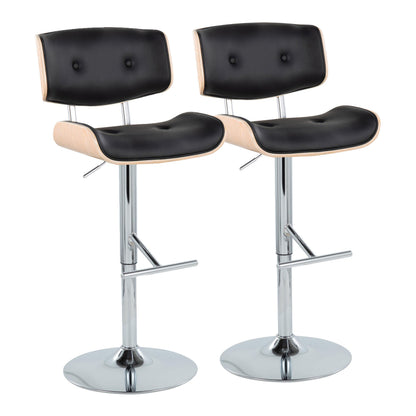Contemporary Adjustable Barstool with Swivel in Chrome Metal, Natural Wood and Black Faux Leather with Straight T Footrest   - Set of 2
