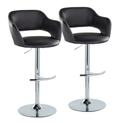 Contemporary Ajustable Barstool with Swivel in Chrome Metal and Black Faux Leather with Rounded T Footrest  - Set of 2