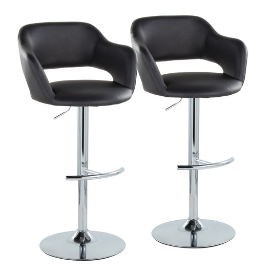 Contemporary Ajustable Barstool with Swivel in Chrome Metal and Black Faux Leather with Rounded T Footrest  - Set of 2