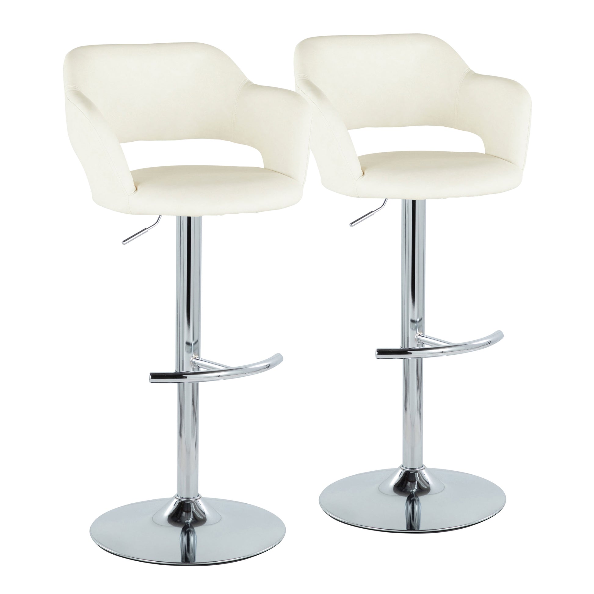Contemporary Ajustable Barstool with Swivel in Chrome Metal and Cream Faux Leather with Rounded T Footrest  - Set of 2