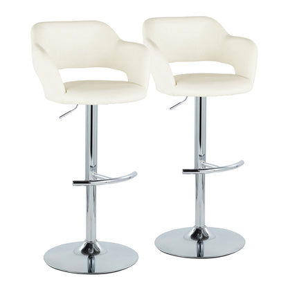Contemporary Ajustable Barstool with Swivel in Chrome Metal and Cream Faux Leather with Rounded T Footrest  - Set of 2