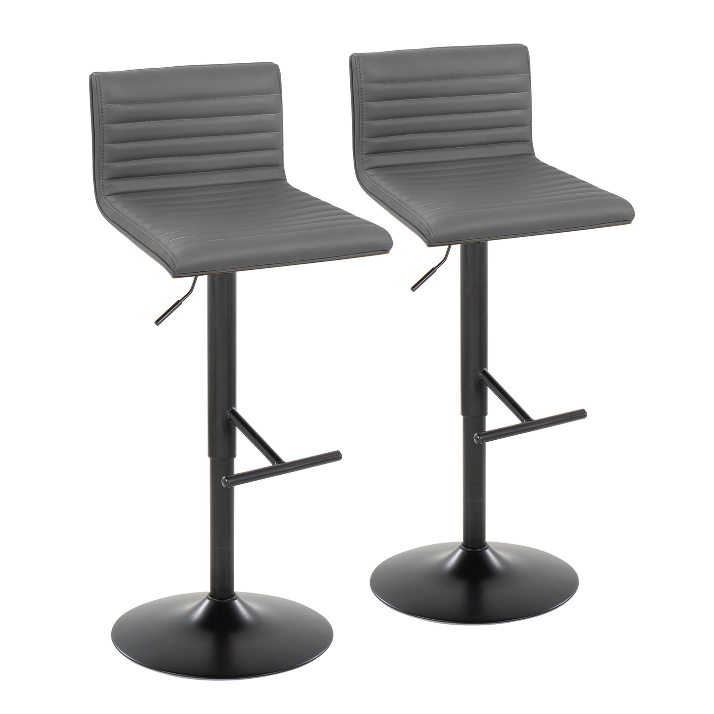 Contemporary Adjustable Barstool with Swivel in Black Metal, Walnut Wood and Grey Faux Leather with Straight T Footrest  - Set of 2