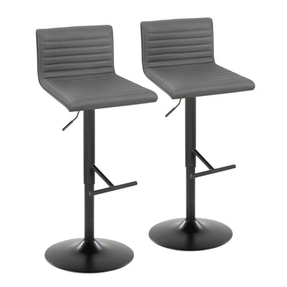 Contemporary Adjustable Barstool with Swivel in Black Metal, Walnut Wood and Grey Faux Leather with Straight T Footrest  - Set of 2