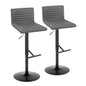 Contemporary Adjustable Barstool with Swivel in Black Metal, Walnut Wood and Grey Faux Leather with Straight T Footrest  - Set of 2