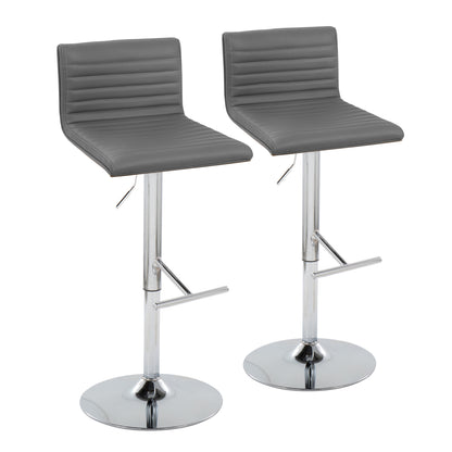 Contemporary Adjustable Barstool with Swivel in Chrome Metal, Walnut Wood and Grey Faux Leather with Straight T Footrest  - Set of 2