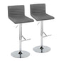 Contemporary Adjustable Barstool with Swivel in Chrome Metal, Walnut Wood and Grey Faux Leather with Straight T Footrest  - Set of 2