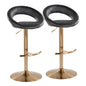 Contemporary Adjustable Barstool with Swivel in Gold Metal and Black Faux Leather with Rounded T Footrest  - Set of 2
