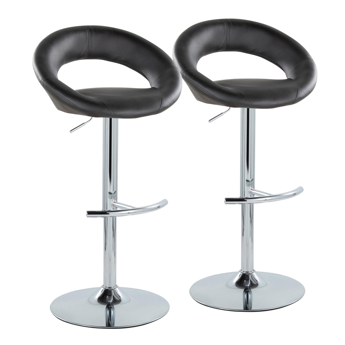 Contemporary Adjustable Barstool with Swivel in Chrome Metal and Black Faux Leather with Rounded T Footrest  - Set of 2