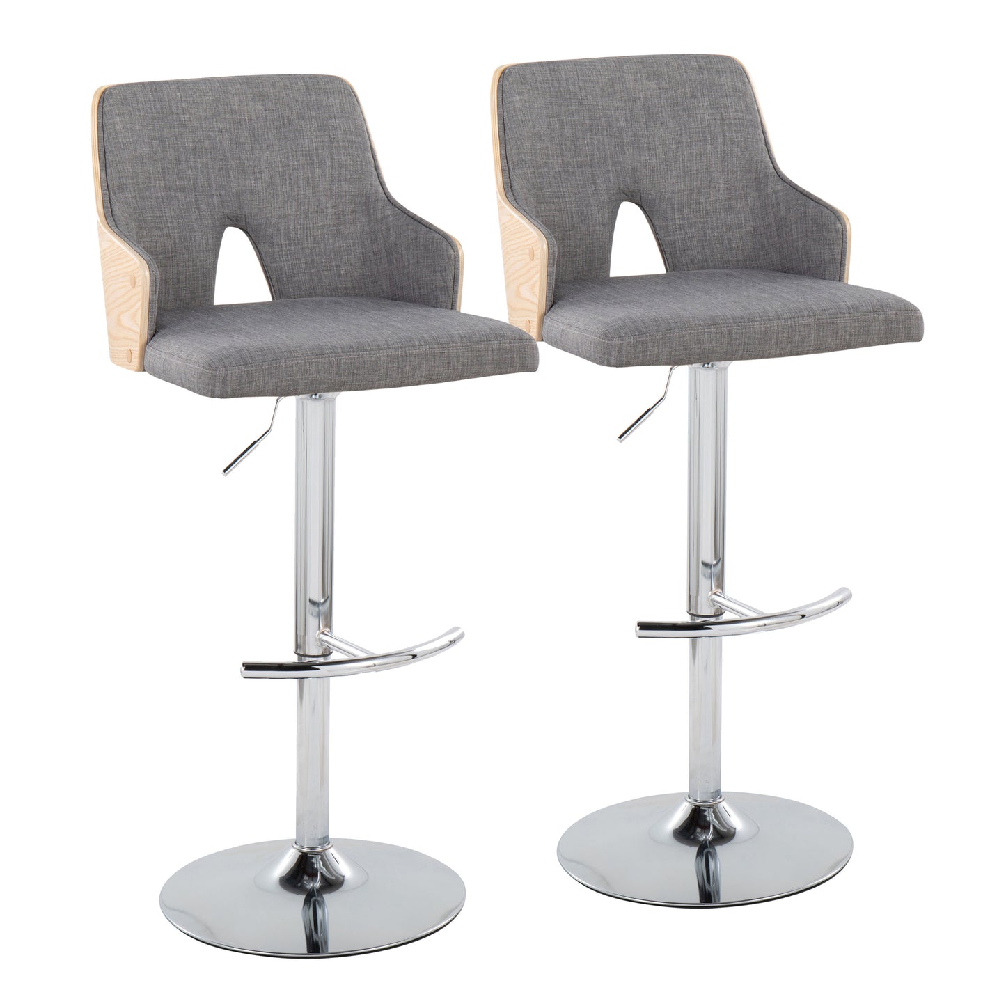 Contemporary Adjustable Barstool Stool with Swivel in Chrome Metal, Natural Wood and Light Grey Fabric with Rounded "T" Footrest  - Set of 2