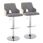 Contemporary Adjustable Barstool Stool with Swivel in Chrome Metal, Natural Wood and Light Grey Fabric with Rounded "T" Footrest  - Set of 2