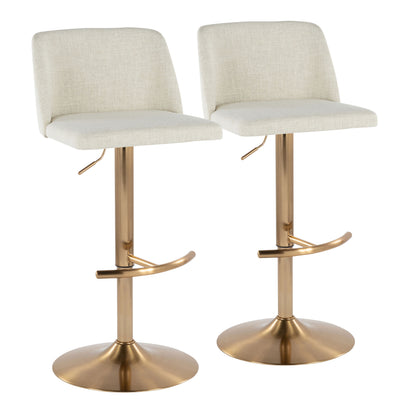 Contemporary Adjustable Barstool with Swivel in Cream Fabric and Gold Metal with Rounded T Footrest  - Set of 2