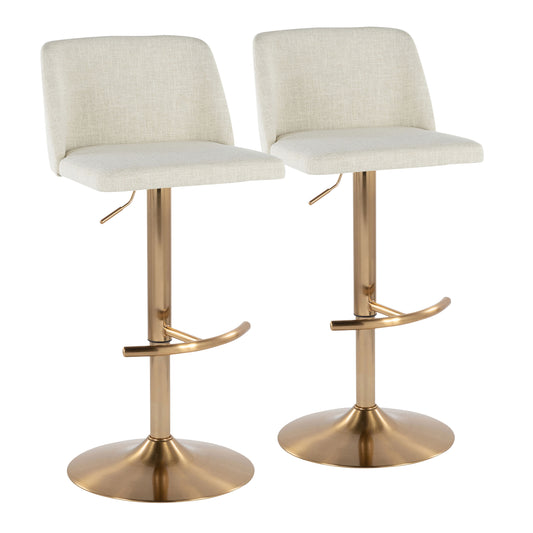 Contemporary Adjustable Barstool with Swivel in Cream Fabric and Gold Metal with Rounded T Footrest  - Set of 2