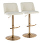 Contemporary Adjustable Barstool with Swivel in Cream Fabric and Gold Metal with Rounded T Footrest  - Set of 2