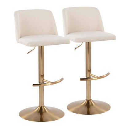 Contemporary Adjustable Barstool with Swivel in Cream Noise Fabric and Gold Metal with Rounded T Footrest  - Set of 2
