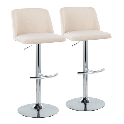 Contemporary Adjustable Barstool with Swivel in Cream Noise Fabric and Chrome Metal with Rounded T Footrest  - Set of 2