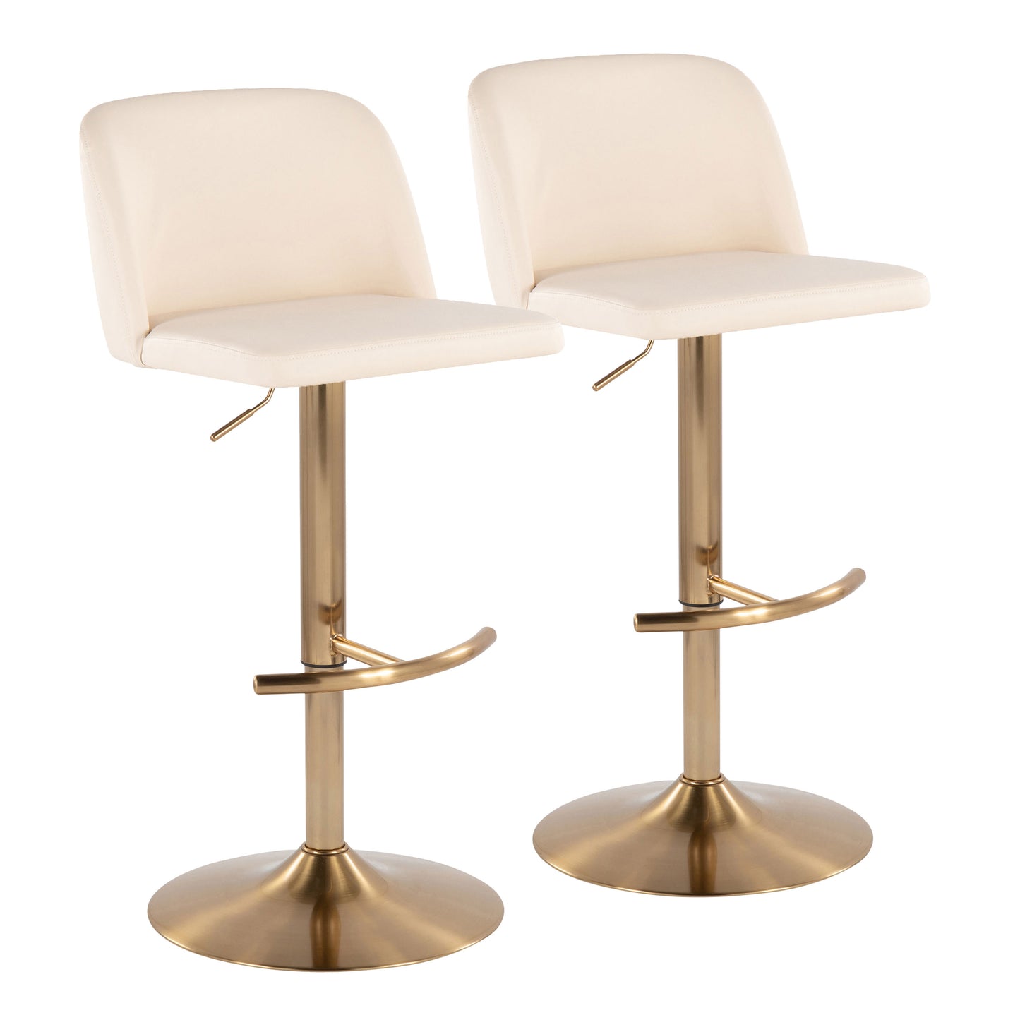 Contemporary Adjustable Barstool with Swivel in Cream Faux Leather and Gold Metal with Rounded T Footrest  - Set of 2