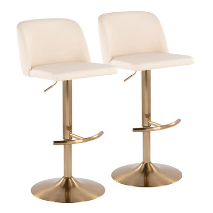Contemporary Adjustable Barstool with Swivel in Cream Faux Leather and Gold Metal with Rounded T Footrest  - Set of 2