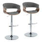 Mid-Century Modern Adjustable Height Barstool with Swivel in Chrome Metal, Walnut Wood and Light Grey Fabric with Rounded "T" Footrest  - Set of 2