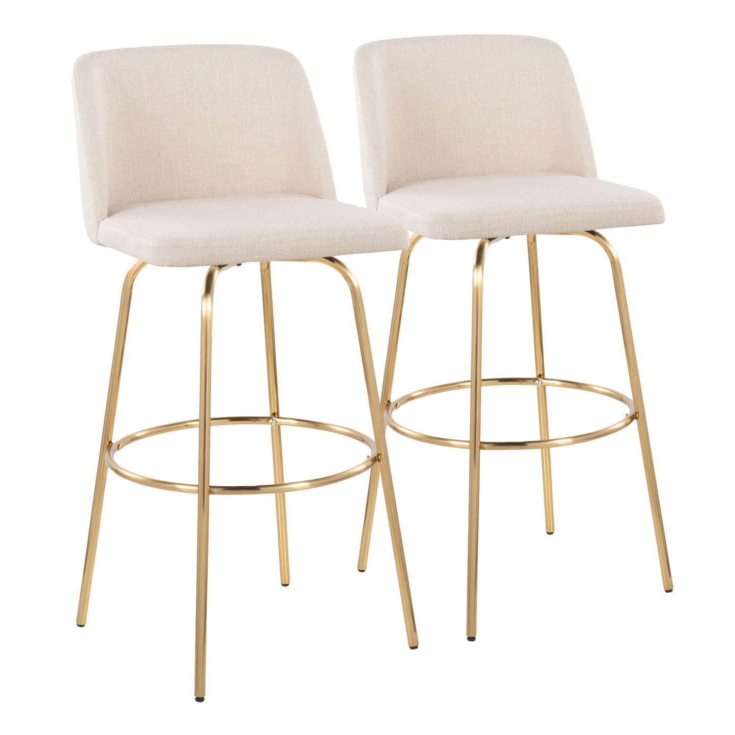 30" Contemporary Fixed Height Barstool with Swivel in Cream Noise Fabric and Gold Metal with Round Footrest  - Set of 2