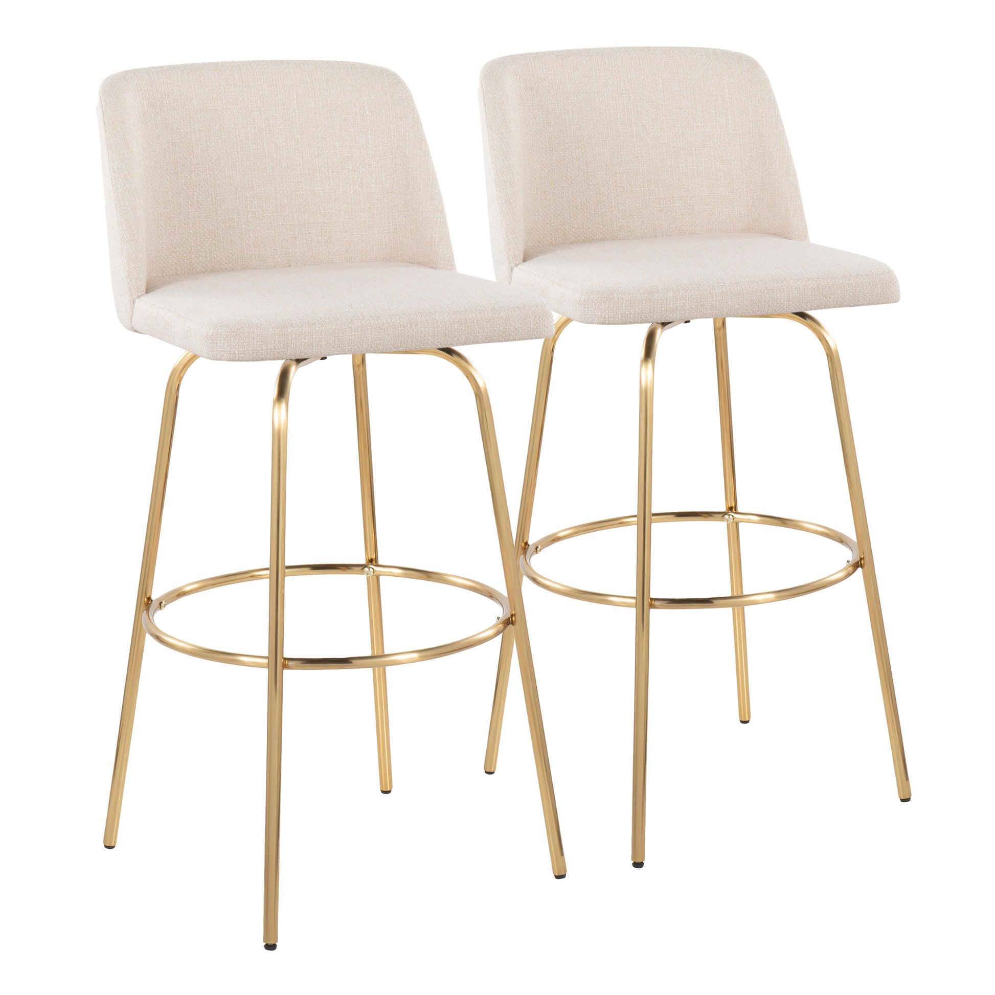 30" Contemporary Fixed Height Barstool with Swivel in Cream Noise Fabric and Gold Metal with Round Footrest  - Set of 2