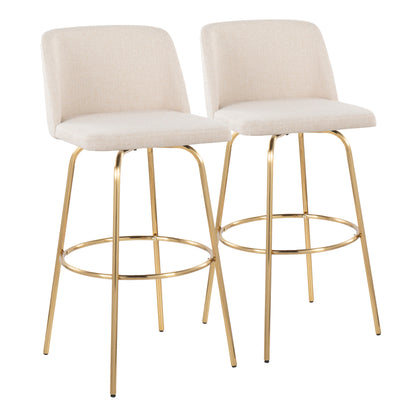 30" Contemporary Fixed Height Barstool with Swivel in Cream Noise Fabric and Gold Metal with Round Footrest  - Set of 2