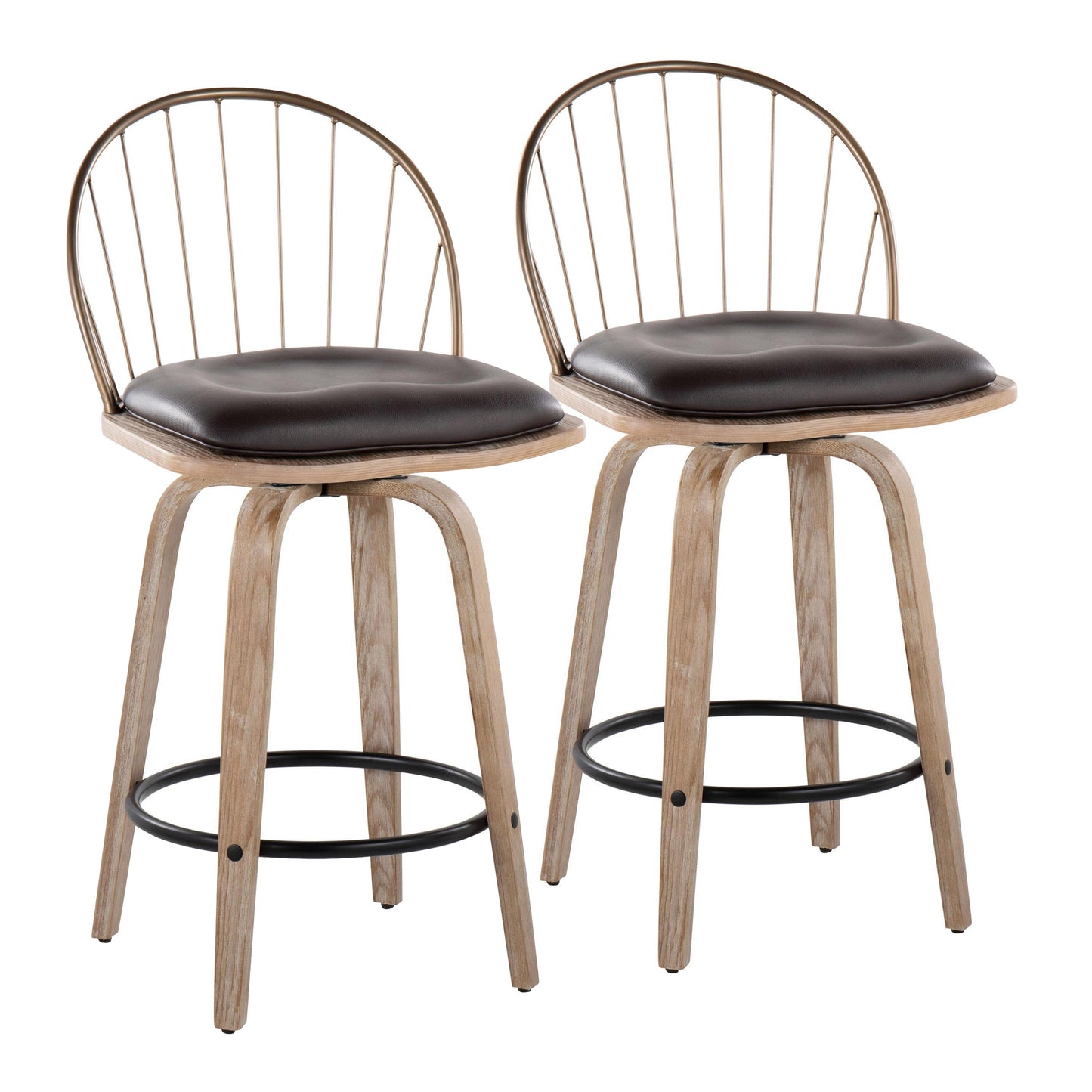 26" Fixed-Height Counter Stool in White Washed Wood, Antique Copper Metal with Removable Brown Faux Leather Cushion and Round Black Metal Footrest  - Set of 2