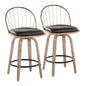 26" Fixed-Height Counter Stool in White Washed Wood, Antique Copper Metal with Removable Brown Faux Leather Cushion and Round Black Metal Footrest  - Set of 2