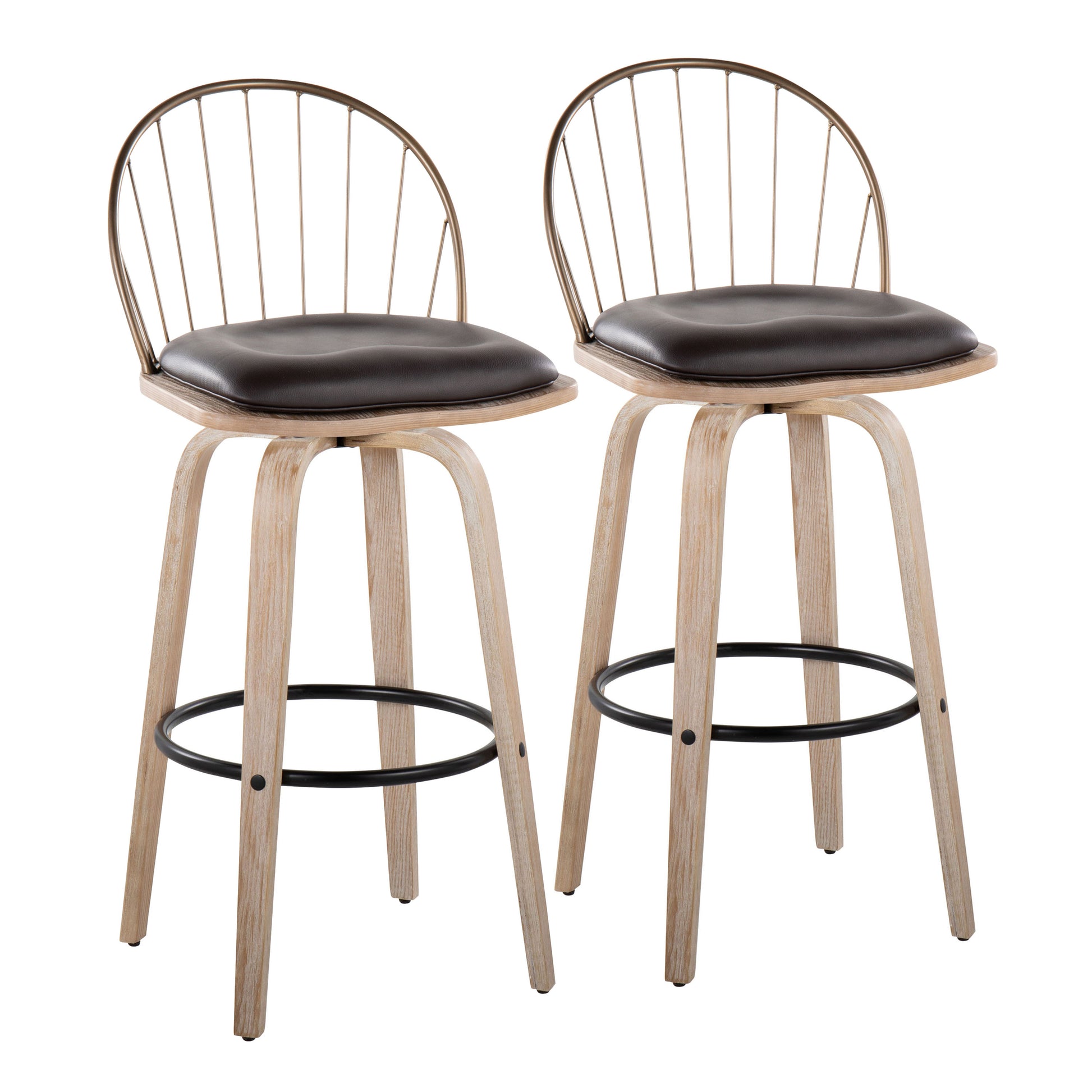 30"/Urban Fixed-Height Barstool with Swivel in White Washed Wood, Antique Copper Metal and Removable Brown Faux Leather Cushion  - Set of 2