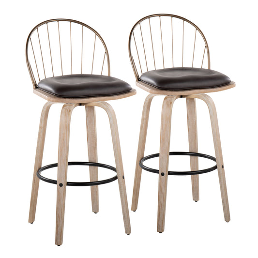 30"/Urban Fixed-Height Barstool with Swivel in White Washed Wood, Antique Copper Metal and Removable Brown Faux Leather Cushion  - Set of 2